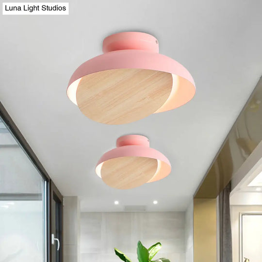 Ceiling Light With Mobile Wood Shield - Macaron Iron Flush Mount Led Yellow/Pink/Green Foyer