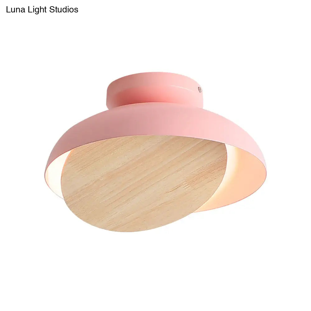 Ceiling Light With Mobile Wood Shield - Macaron Iron Flush Mount Led Yellow/Pink/Green Foyer