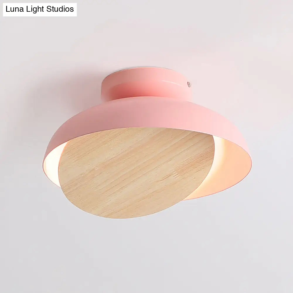 Ceiling Light With Mobile Wood Shield - Macaron Iron Flush Mount Led Yellow/Pink/Green Foyer