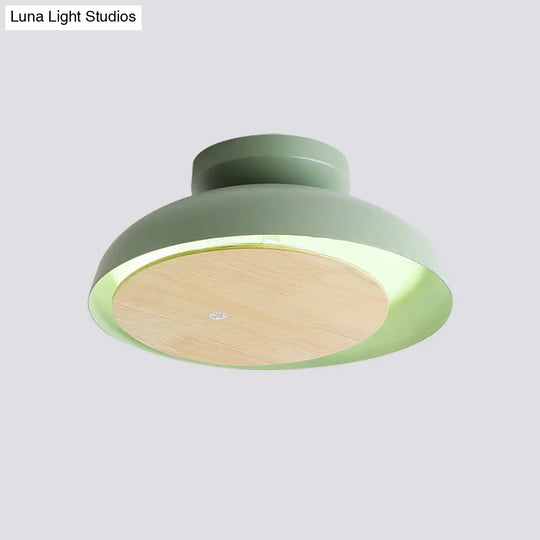 Ceiling Light With Mobile Wood Shield - Macaron Iron Flush Mount Led Yellow/Pink/Green Foyer