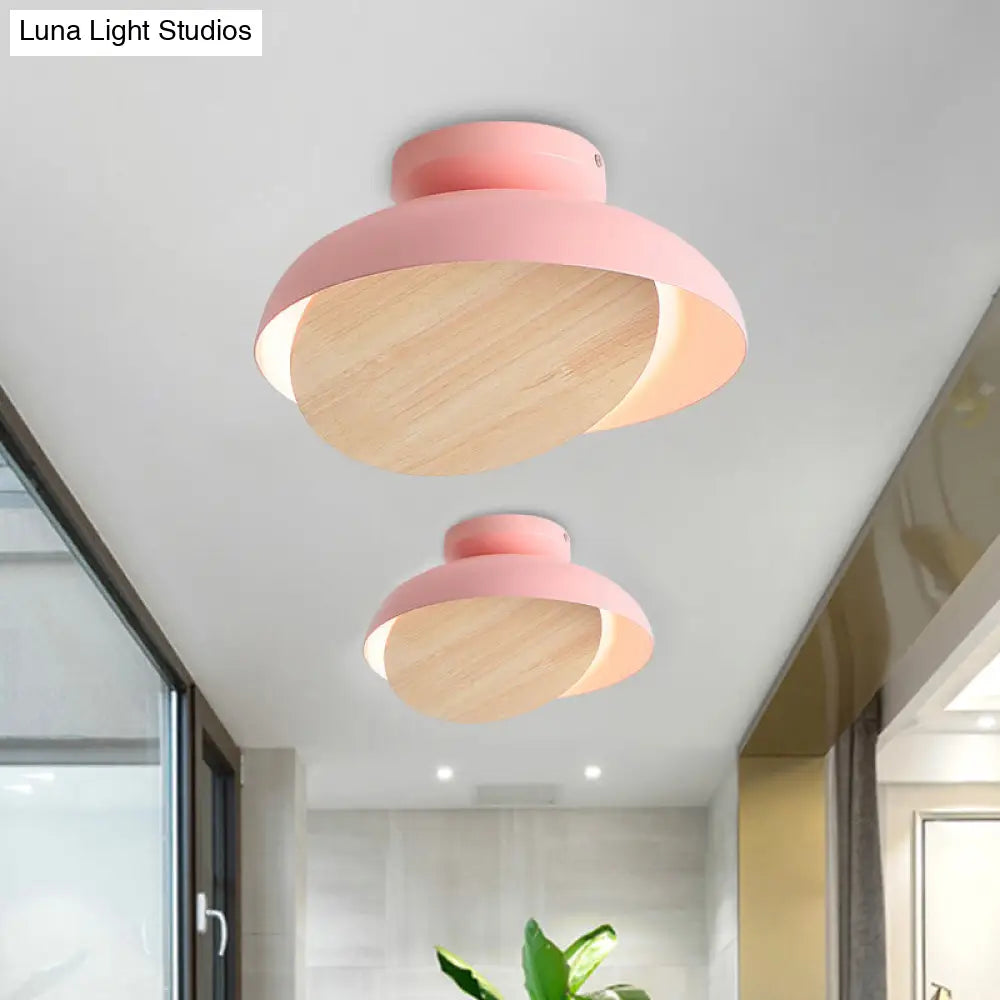 Ceiling Light With Mobile Wood Shield - Macaron Iron Flush Mount Led Yellow/Pink/Green Foyer