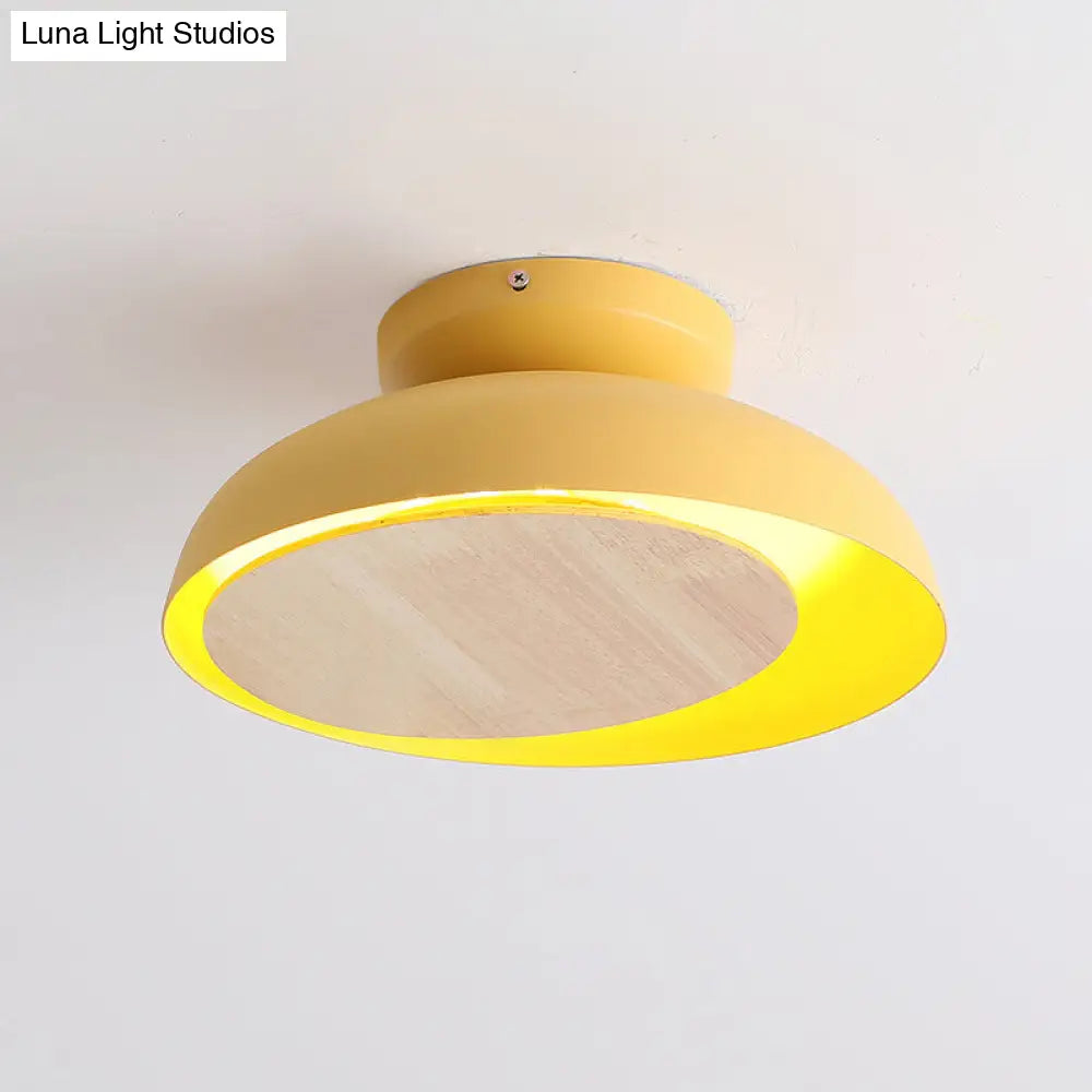 Ceiling Light With Mobile Wood Shield - Macaron Iron Flush Mount Led Yellow/Pink/Green Foyer