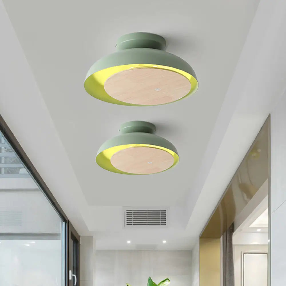 Ceiling Light With Mobile Wood Shield - Macaron Iron Flush Mount Led Yellow/Pink/Green Foyer Green