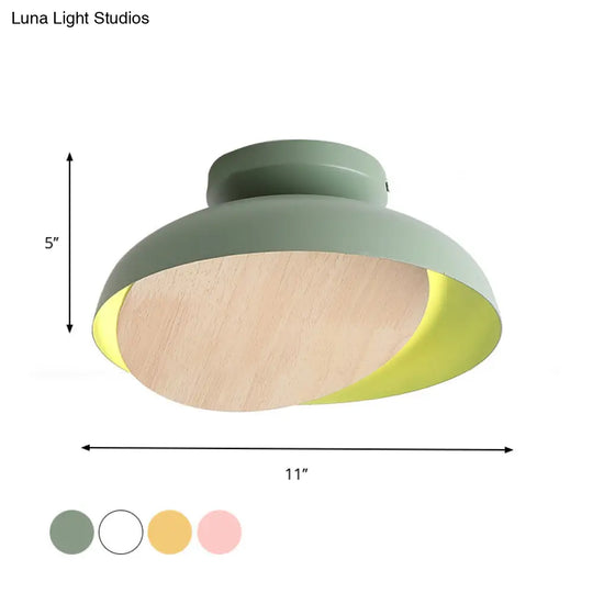 Ceiling Light With Mobile Wood Shield - Macaron Iron Flush Mount Led Yellow/Pink/Green Foyer