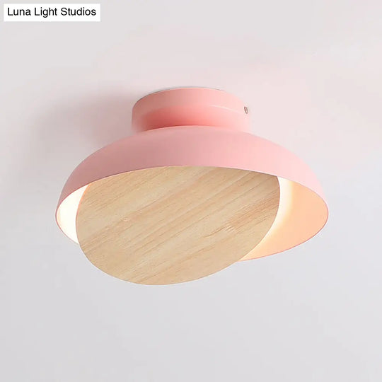 Ceiling Light With Mobile Wood Shield - Macaron Iron Flush Mount Led Yellow/Pink/Green Foyer