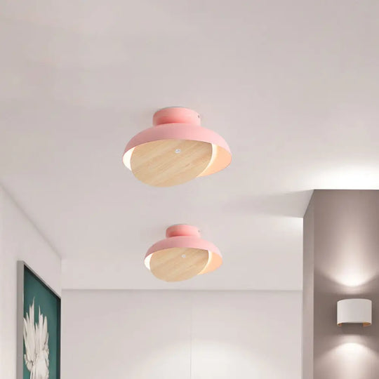 Ceiling Light With Mobile Wood Shield - Macaron Iron Flush Mount Led Yellow/Pink/Green Foyer Pink