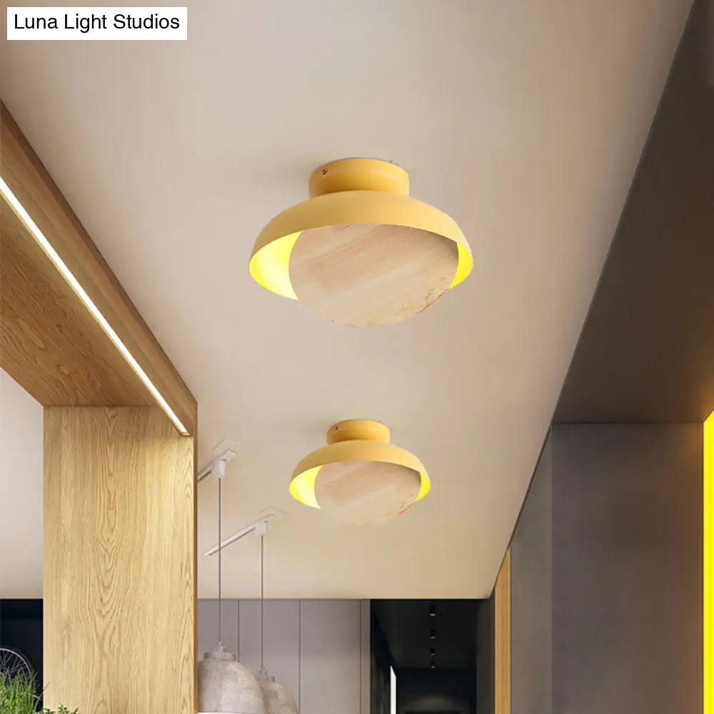 Ceiling Light With Mobile Wood Shield - Macaron Iron Flush Mount Led Yellow/Pink/Green Foyer