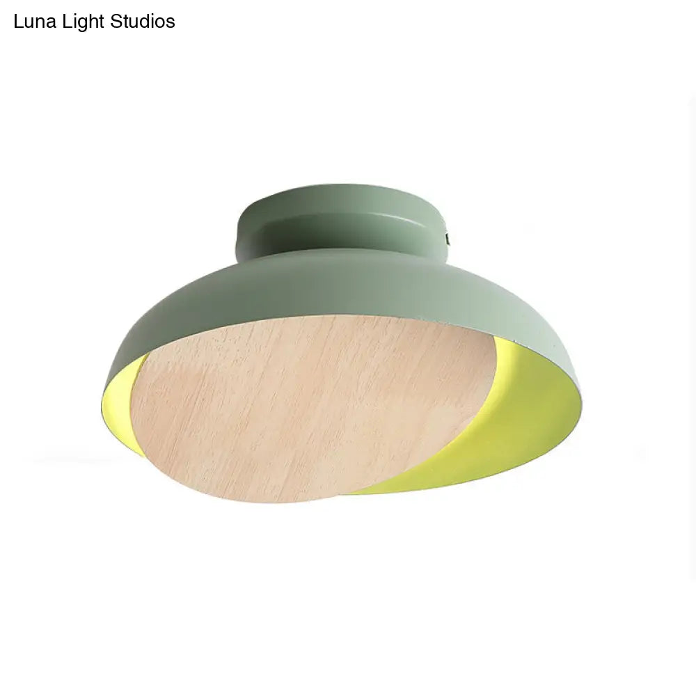 Ceiling Light With Mobile Wood Shield - Macaron Iron Flush Mount Led Yellow/Pink/Green Foyer