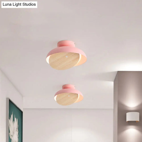 Ceiling Light With Mobile Wood Shield - Macaron Iron Flush Mount Led Yellow/Pink/Green Foyer Pink