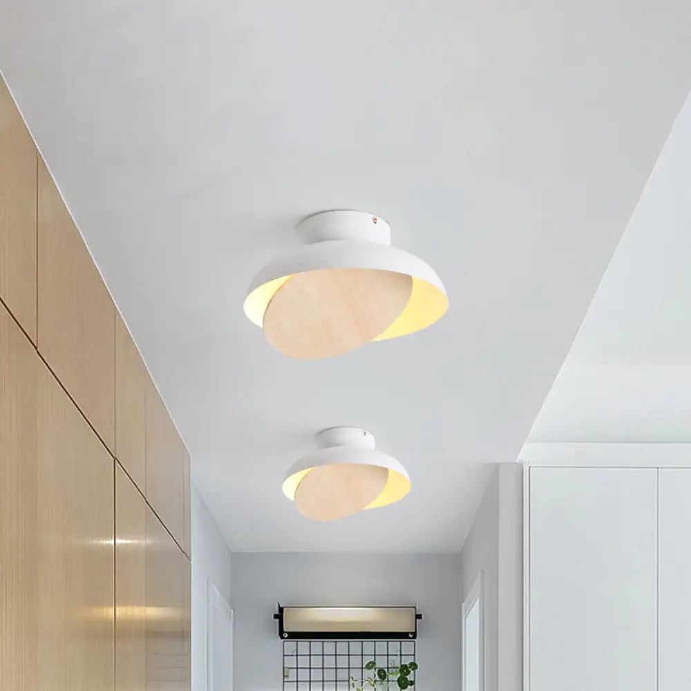 Ceiling Light With Mobile Wood Shield - Macaron Iron Flush Mount Led Yellow/Pink/Green Foyer White