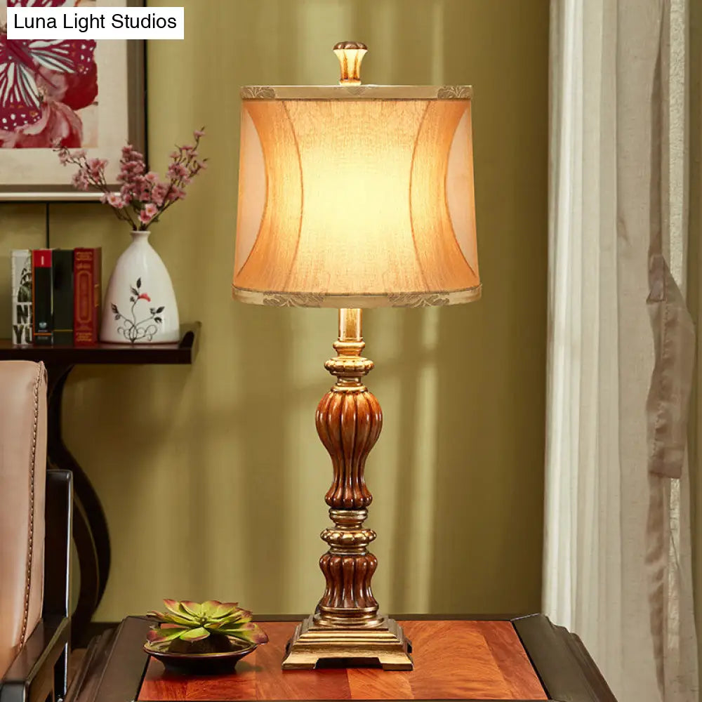 Retro Style Drum Design Living Room Table Lamp - Brown Desk Light With Square Pedestal