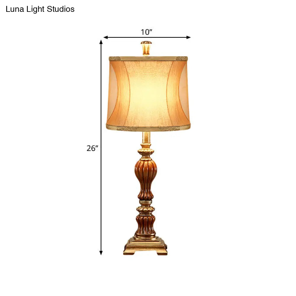 Retro Style Drum Design Living Room Table Lamp - Brown Desk Light With Square Pedestal