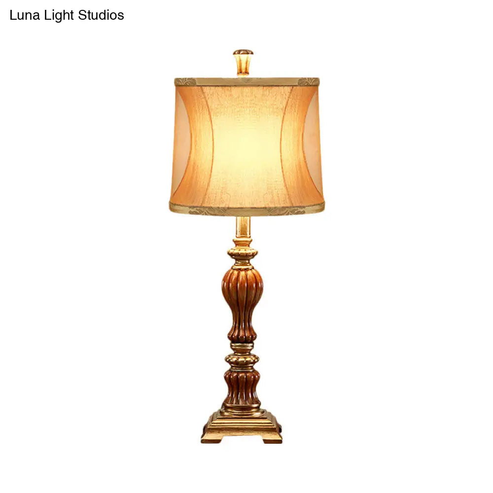 Retro Style Drum Design Living Room Table Lamp - Brown Desk Light With Square Pedestal