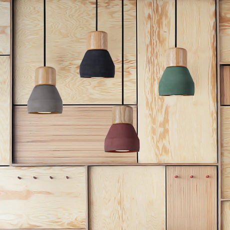 Cement Bottle Small Hanging Lamp Macaron Single Red/Grey/Green Ceiling Pendant Light With Wood Top
