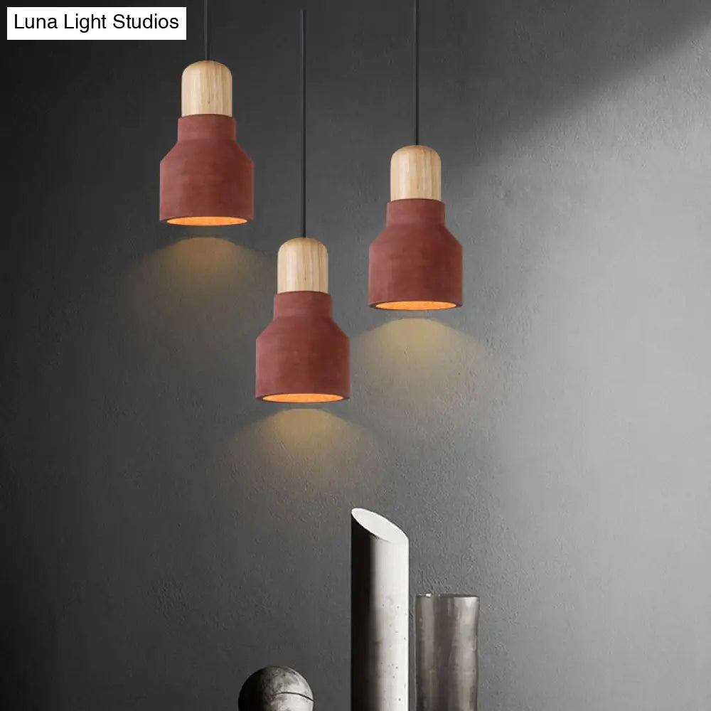 Cement Bottle Small Hanging Lamp Macaron Single Red/Grey/Green Ceiling Pendant Light With Wood Top