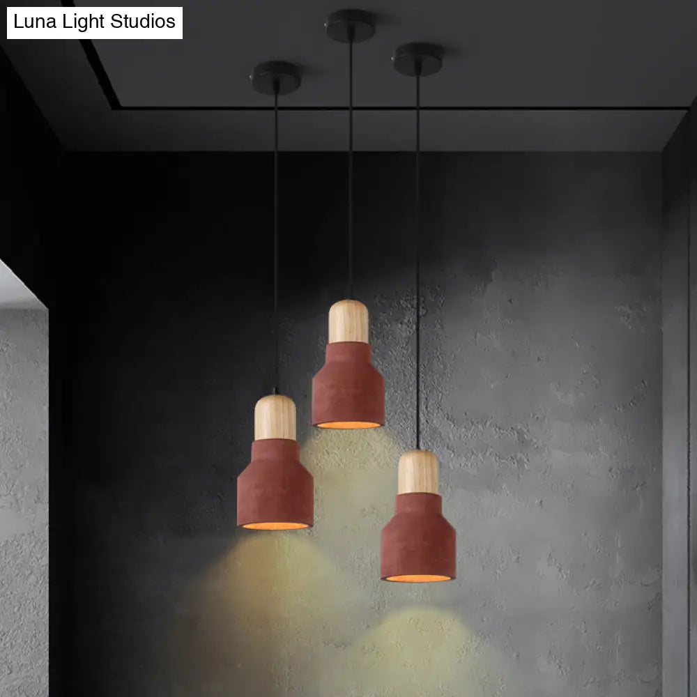 Cement Bottle Small Hanging Lamp Macaron Single Red/Grey/Green Ceiling Pendant Light With Wood Top