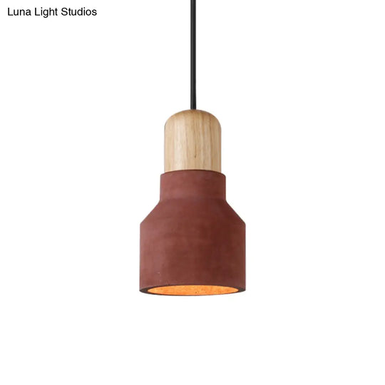 Cement Bottle Small Hanging Lamp Macaron Single Red/Grey/Green Ceiling Pendant Light With Wood Top