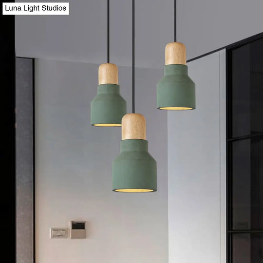 Cement Bottle Small Hanging Lamp Macaron Single Red/Grey/Green Ceiling Pendant Light With Wood Top