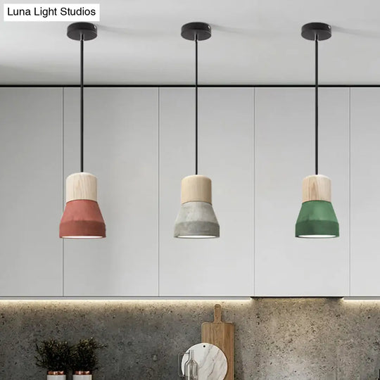 Cement Bottle Small Hanging Lamp Macaron Single Red/Grey/Green Ceiling Pendant Light With Wood Top