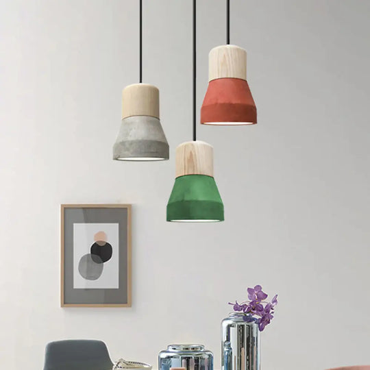 Cement Bottle Small Hanging Lamp Macaron Single Red/Grey/Green Ceiling Pendant Light With Wood Top