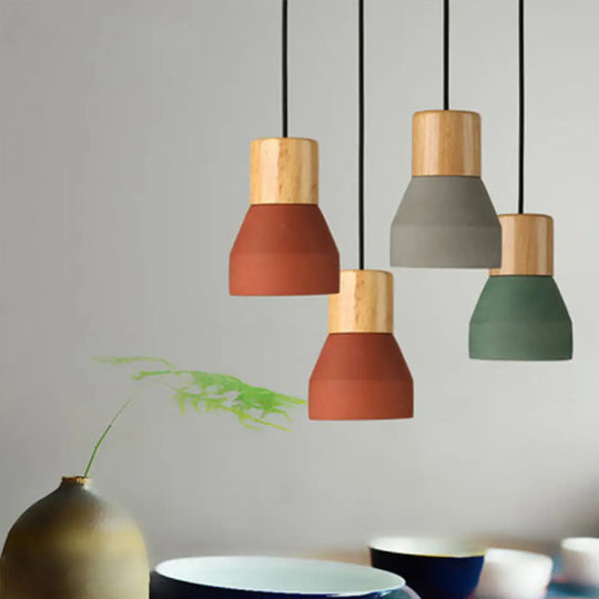 Cement Bottle Small Hanging Lamp Macaron Single Red/Grey/Green Ceiling Pendant Light With Wood Top