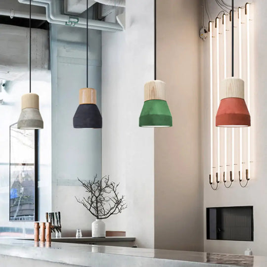 Cement Bottle Small Hanging Lamp Macaron Single Red/Grey/Green Ceiling Pendant Light With Wood Top