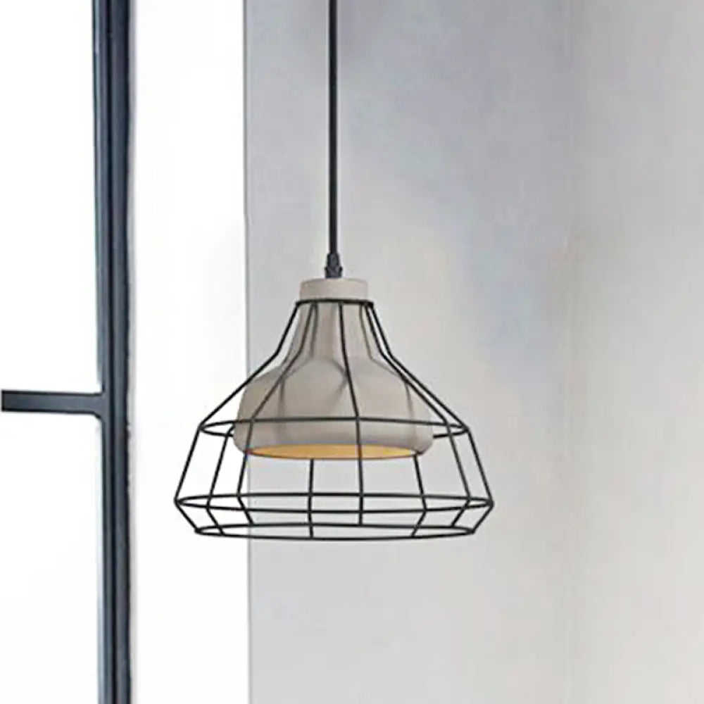 Cement Cone Suspension Light - Modernist Black Hanging Pendant Lamp With Wire-Cage Shade