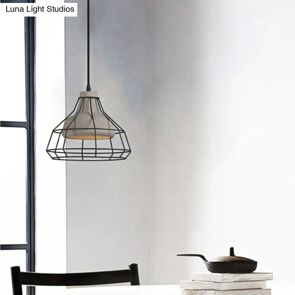 Cement Cone Suspension Light - Modernist Black Hanging Pendant Lamp With Wire-Cage Shade