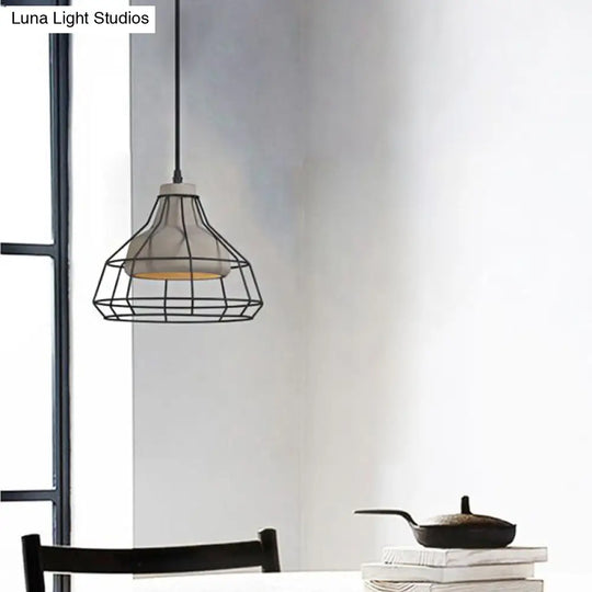 Cement Cone Suspension Light - Modernist Black Hanging Pendant Lamp With Wire-Cage Shade