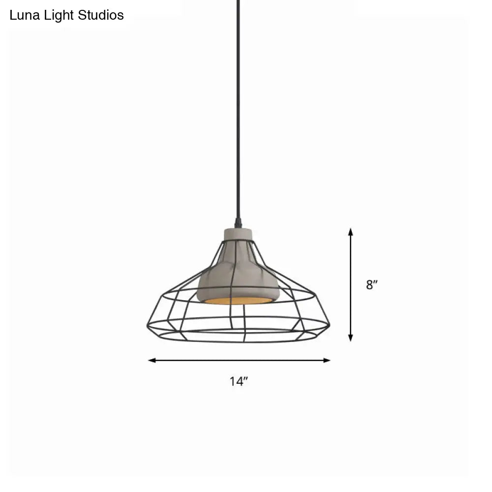 Modernist Cement Cone Hanging Pendant Lamp With Wire-Cage Shade 1-Light Black 10.5/14 Width