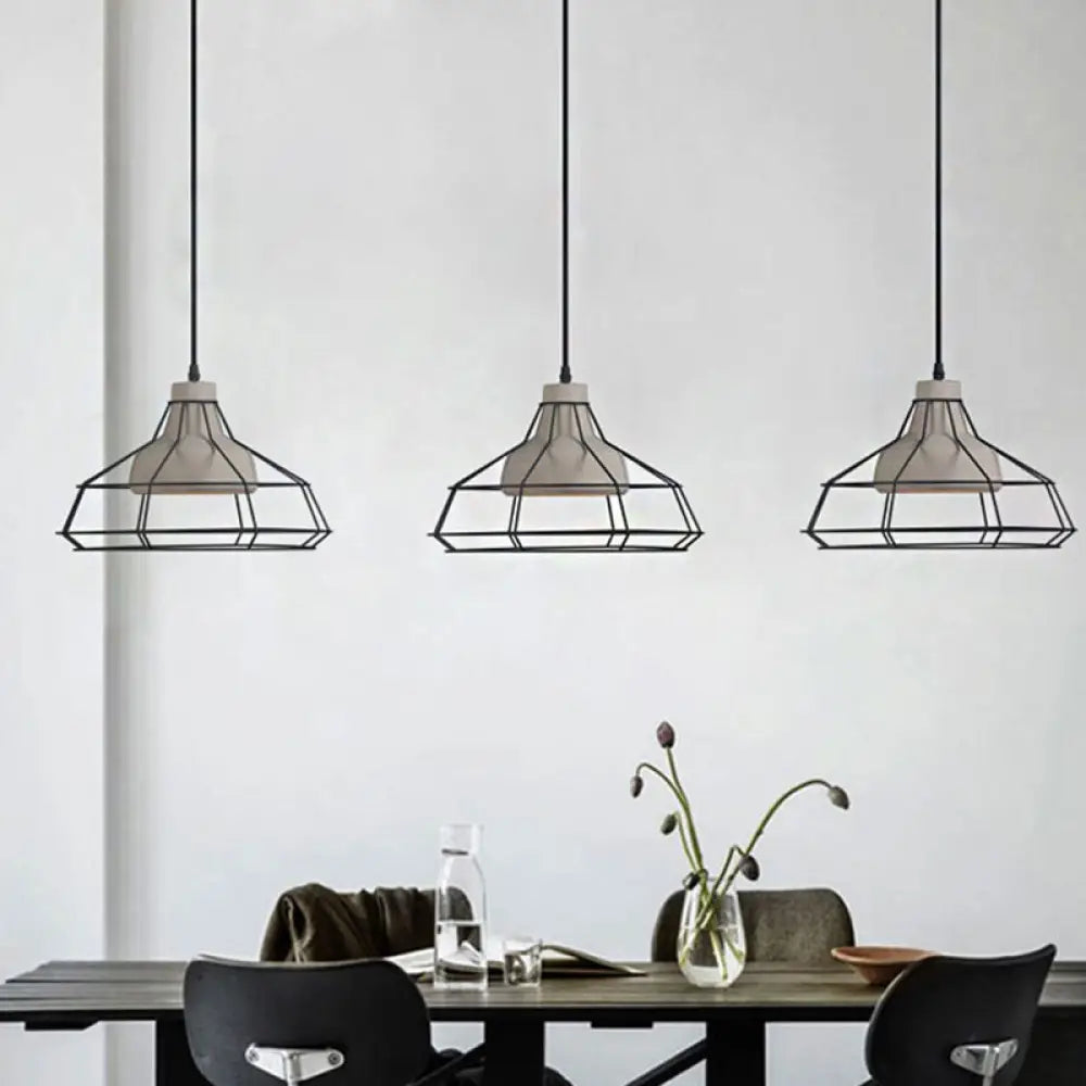 Cement Cone Suspension Light - Modernist Black Hanging Pendant Lamp With Wire-Cage Shade