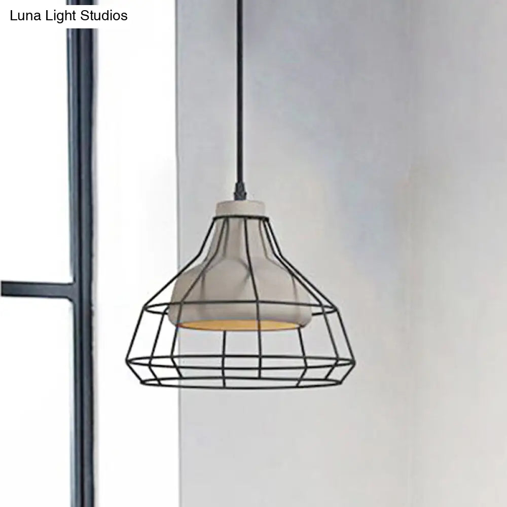 Modernist Cement Cone Hanging Pendant Lamp With Wire-Cage Shade 1-Light Black 10.5/14 Width / 10.5