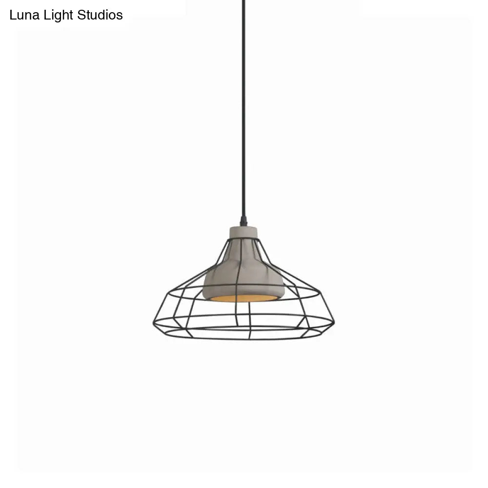 Modernist Cement Cone Hanging Pendant Lamp With Wire-Cage Shade 1-Light Black 10.5/14 Width