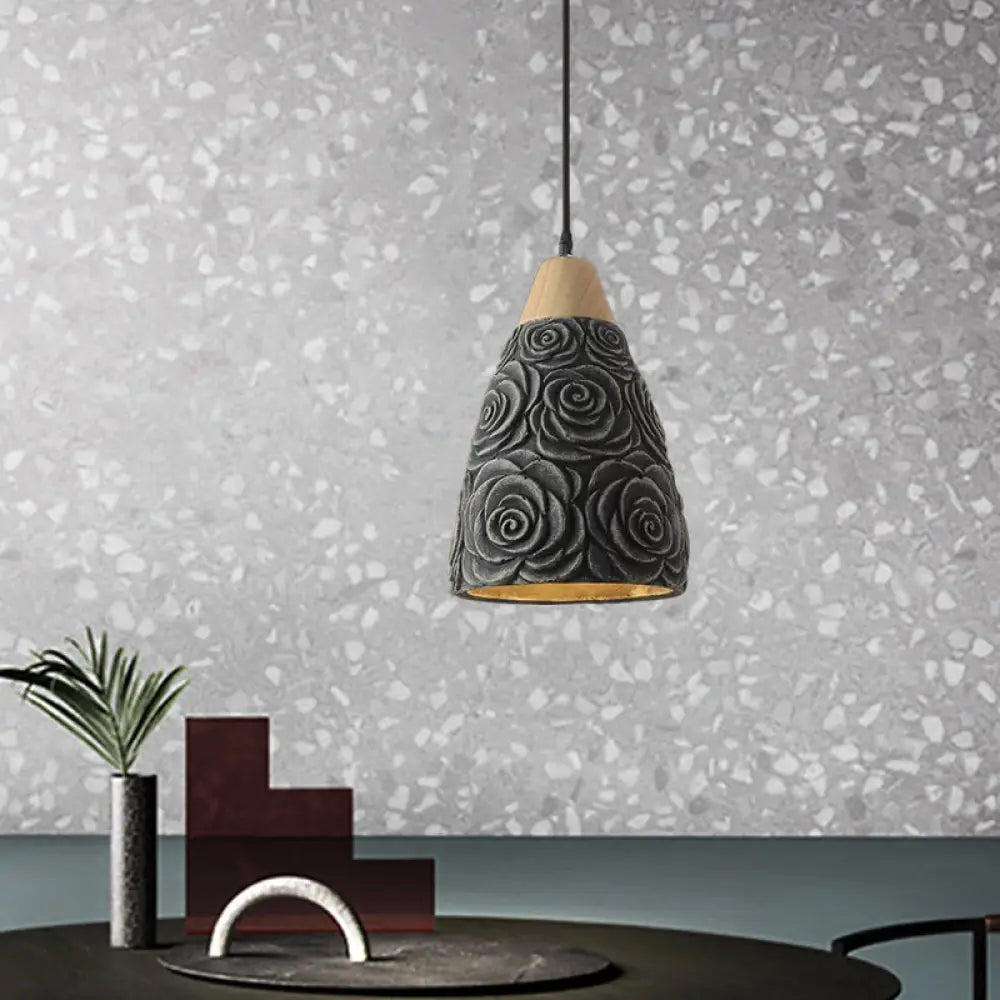 Cement Hanging Pendant Ceiling Light With Industrial Cone And Rose Pattern In Black