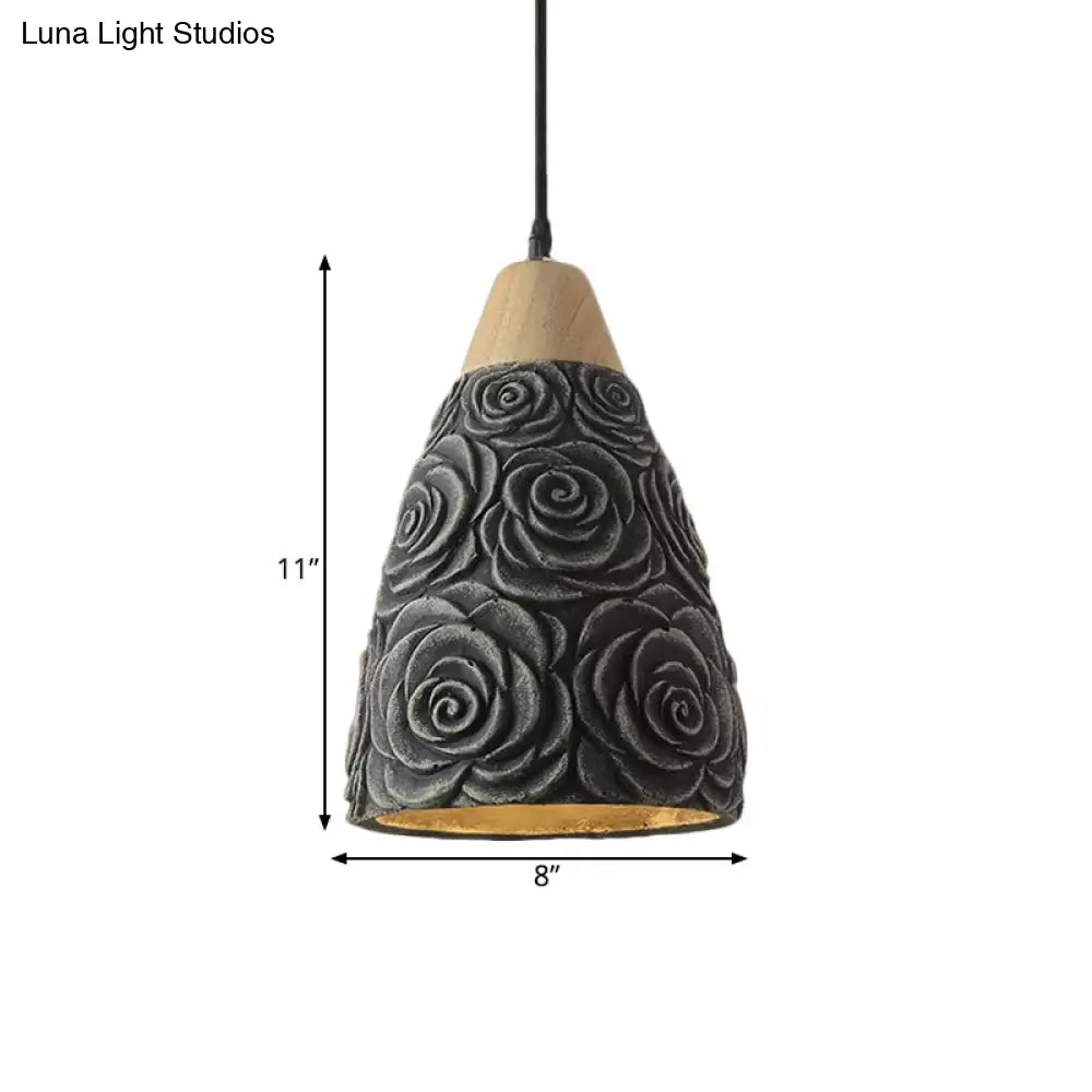 Cement Hanging Pendant Ceiling Light With Industrial Cone And Rose Pattern In Black