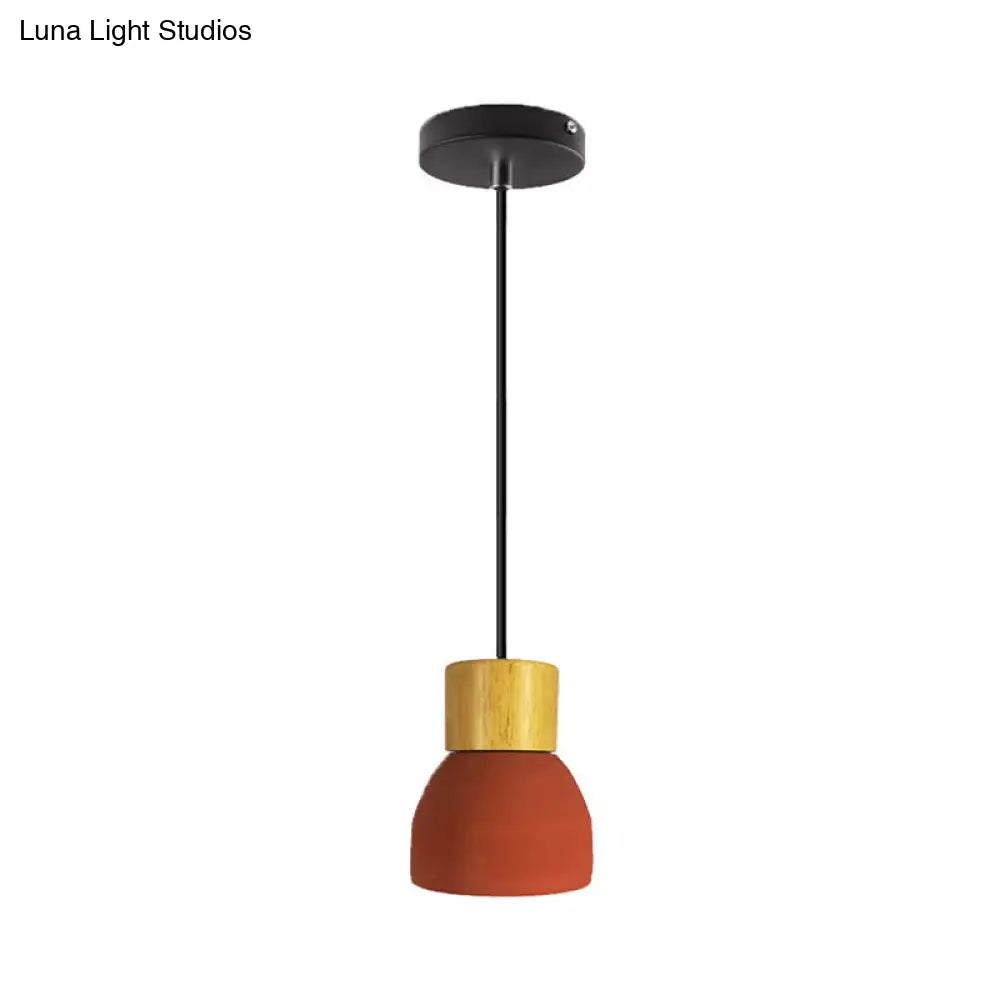 Macaron Cone/Bowl Cement Pendant Lamp With Wood Top And Single-Bulb In Green/Red Red / A