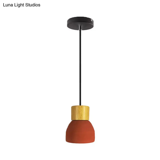 Macaron Cone/Bowl Cement Pendant Lamp With Wood Top And Single-Bulb In Green/Red Red / A