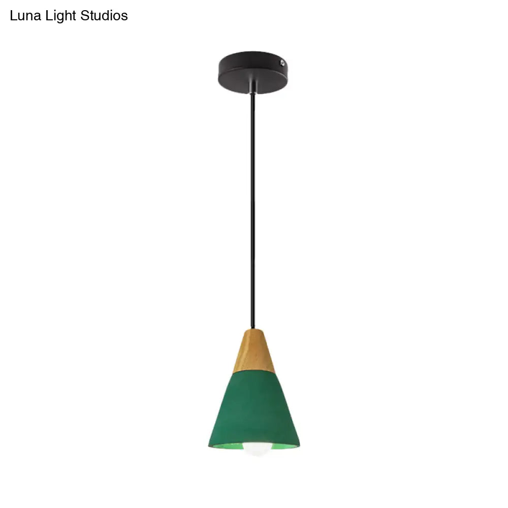 Macaron Cone/Bowl Cement Pendant Lamp With Wood Top And Single-Bulb In Green/Red