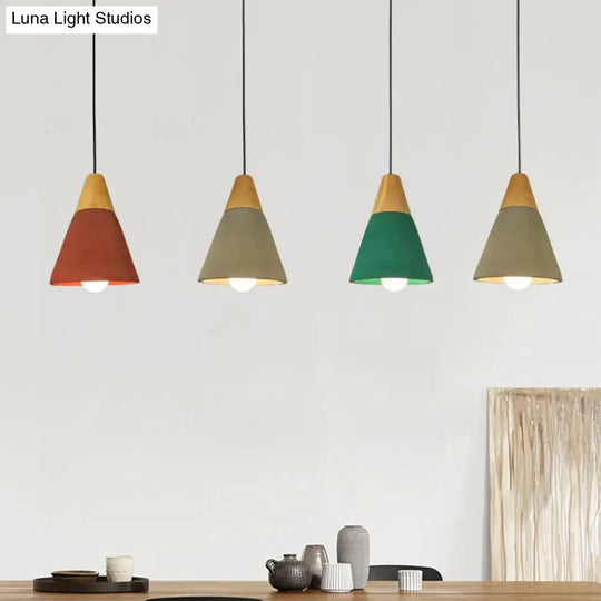 Macaron Cone/Bowl Cement Pendant Lamp With Wood Top And Single-Bulb In Green/Red Green / B