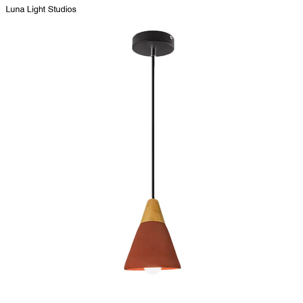 Macaron Cone/Bowl Cement Pendant Lamp With Wood Top And Single-Bulb In Green/Red Red / B