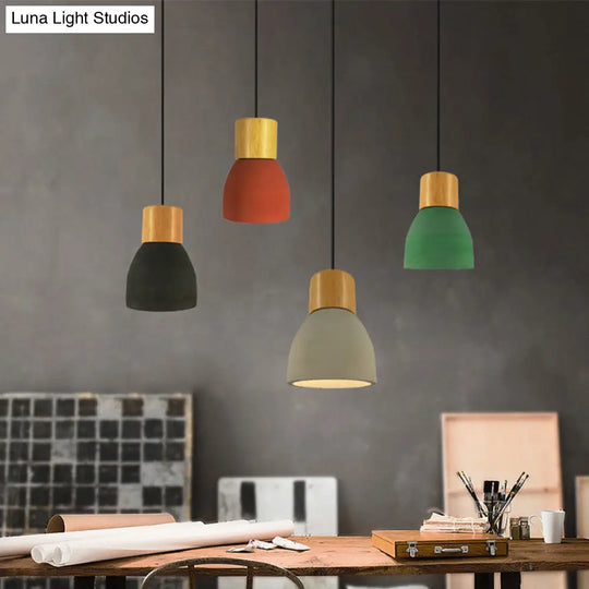 Cement Hanging Pendant Lamp - Macaron Single-Bulb Cone/Bowl Design In Green/Red With Wood Top