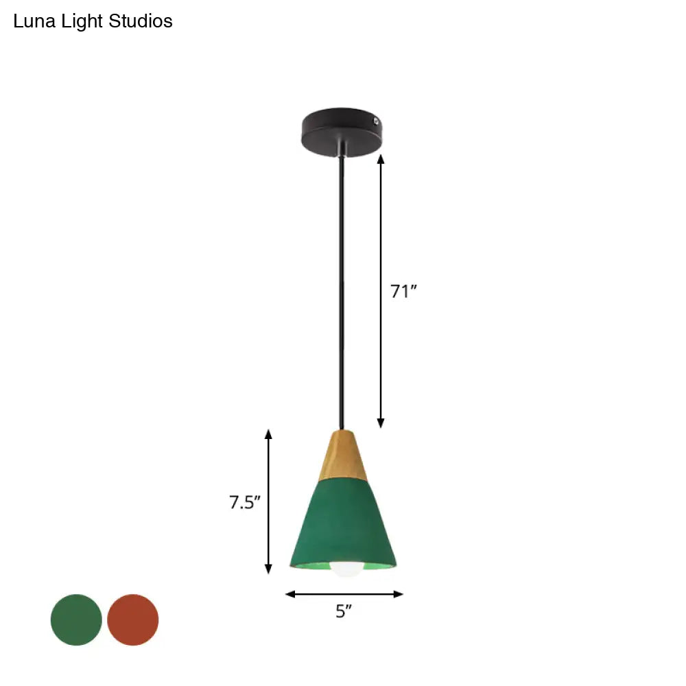 Cement Hanging Pendant Lamp - Macaron Single-Bulb Cone/Bowl Design In Green/Red With Wood Top