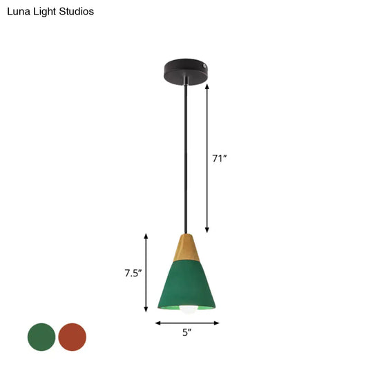 Cement Hanging Pendant Lamp - Macaron Single-Bulb Cone/Bowl Design In Green/Red With Wood Top