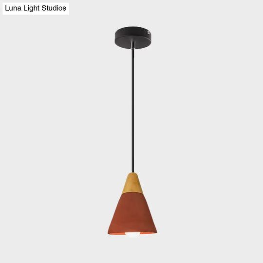 Cement Hanging Pendant Lamp - Macaron Single-Bulb Cone/Bowl Design In Green/Red With Wood Top