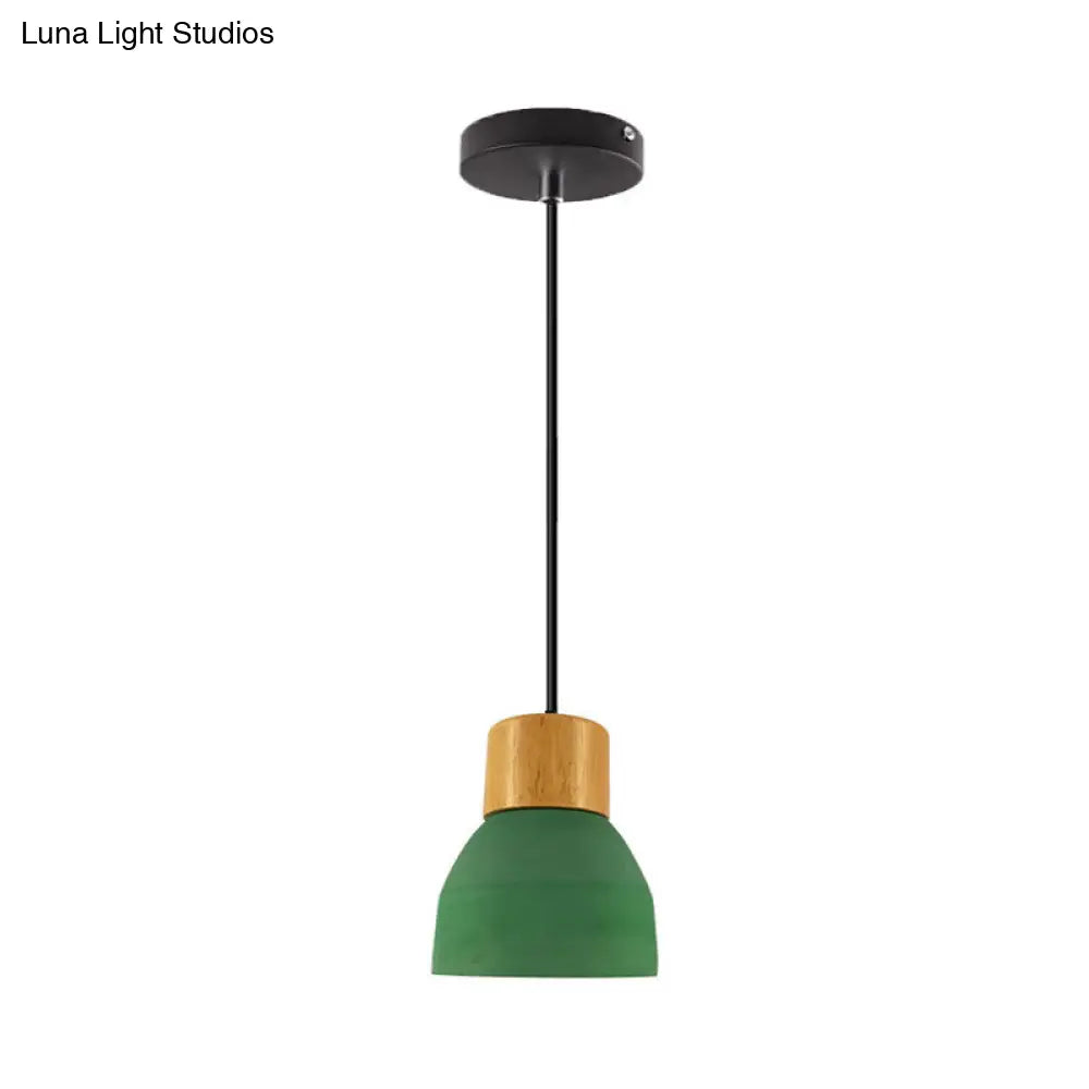 Macaron Cone/Bowl Cement Pendant Lamp With Wood Top And Single-Bulb In Green/Red Green / A