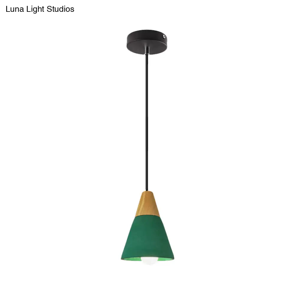 Cement Hanging Pendant Lamp - Macaron Single-Bulb Cone/Bowl Design In Green/Red With Wood Top