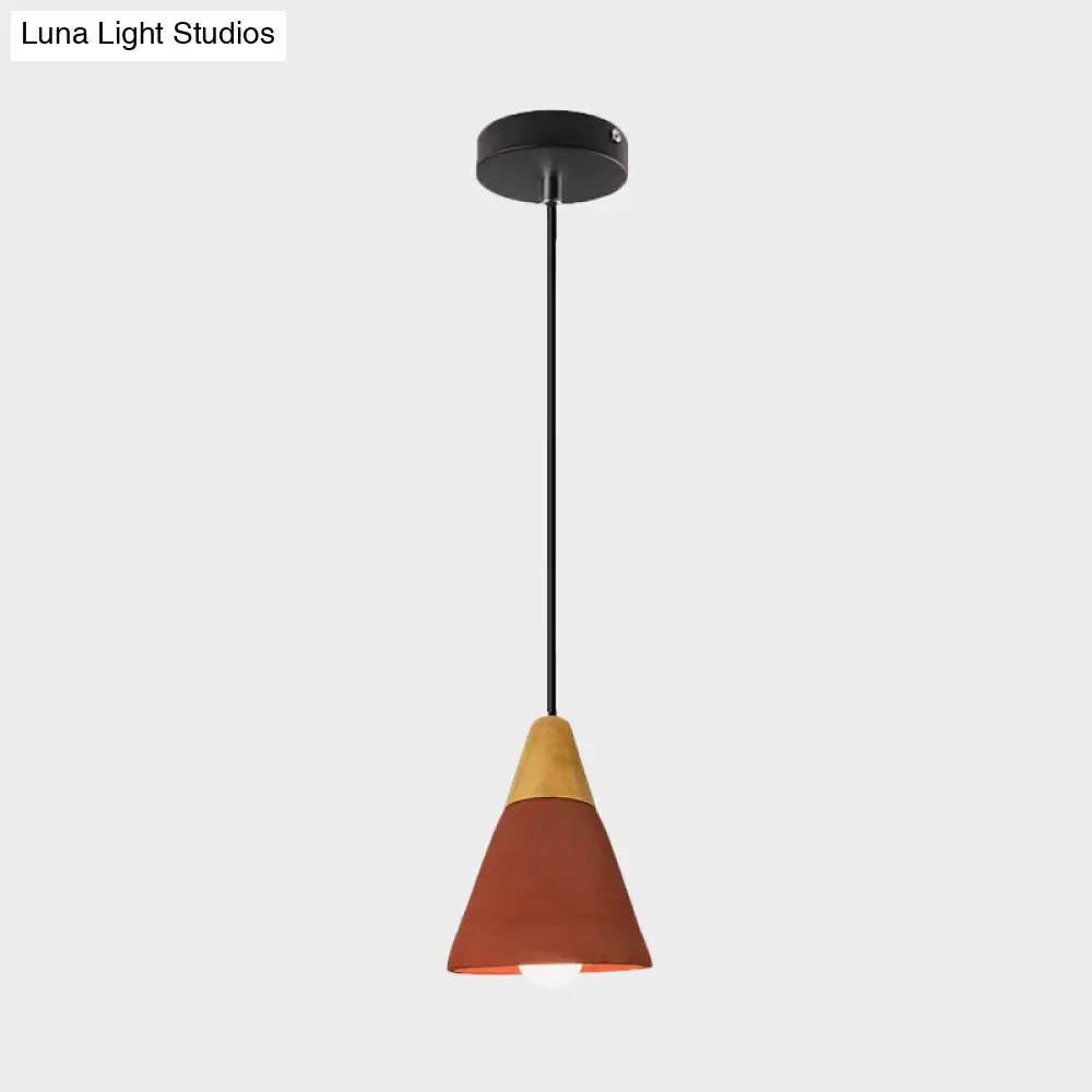 Macaron Cone/Bowl Cement Pendant Lamp With Wood Top And Single-Bulb In Green/Red