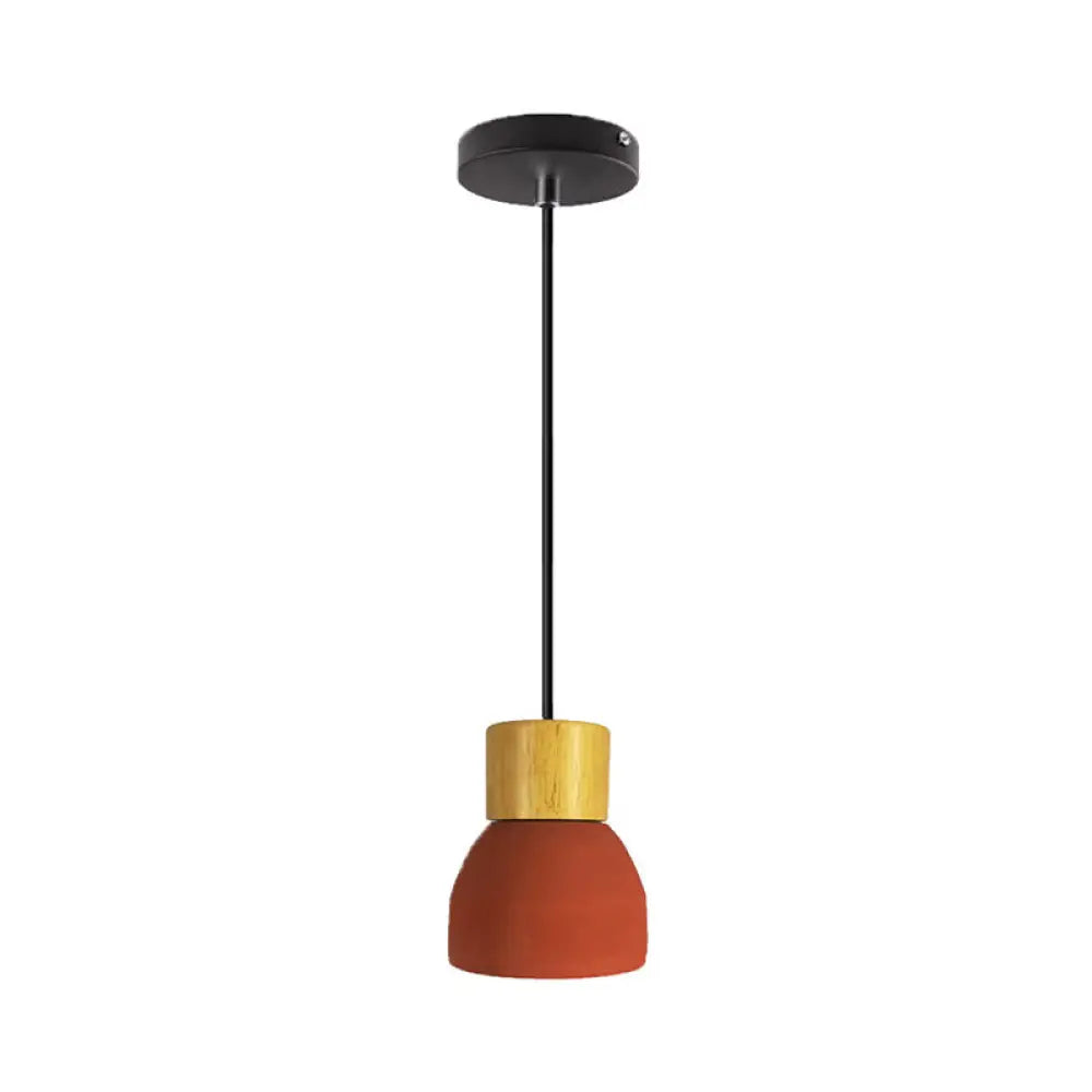 Cement Hanging Pendant Lamp - Macaron Single-Bulb Cone/Bowl Design In Green/Red With Wood Top Red /