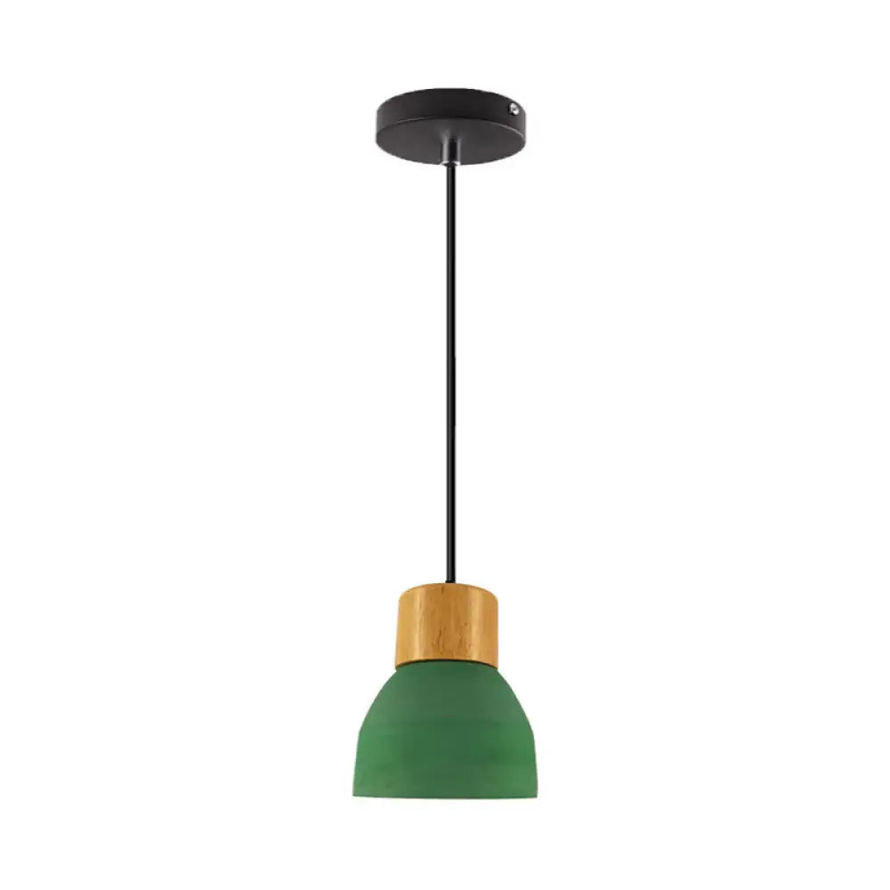 Cement Hanging Pendant Lamp - Macaron Single-Bulb Cone/Bowl Design In Green/Red With Wood Top Green