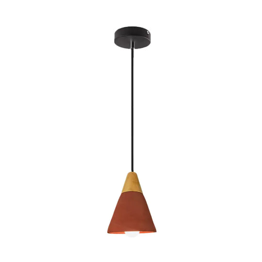 Cement Hanging Pendant Lamp - Macaron Single-Bulb Cone/Bowl Design In Green/Red With Wood Top Red /